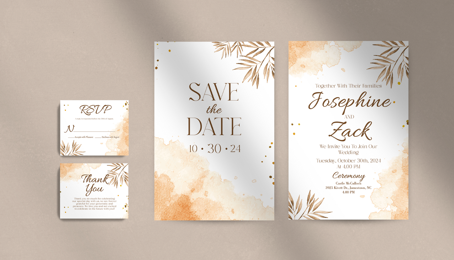 Autumn Watercolor and Leaves Invitation Suite