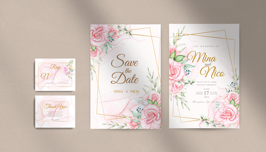 Gold Framed Pink Roses Invitation Suite