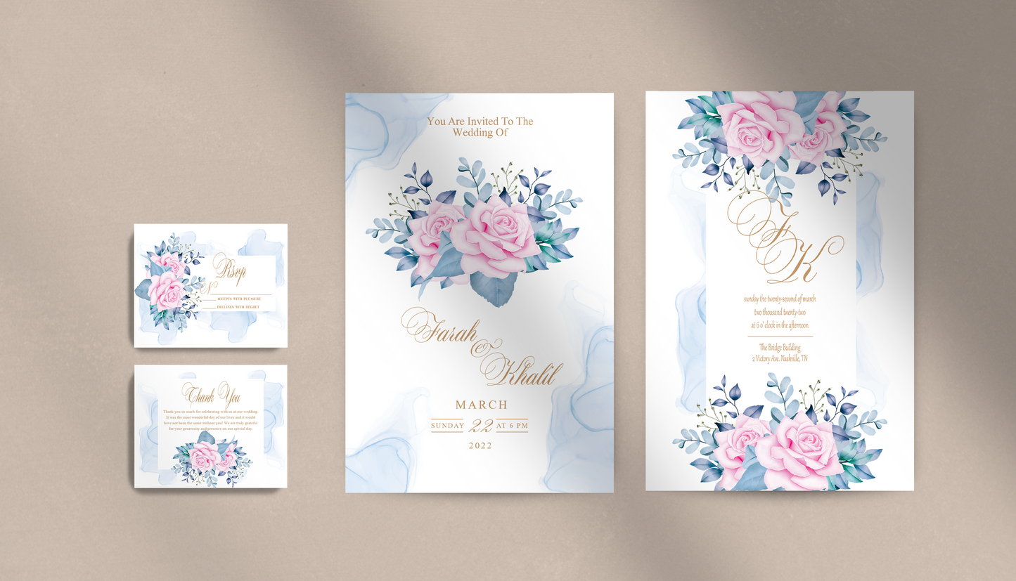 Pink Blue and Gold Roses Invitation Suite