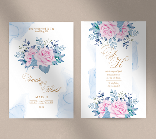 Pink Blue and Gold Roses-Invitation